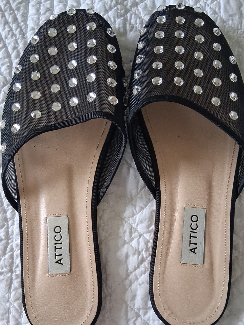 The Attico Black Crystal-Studded Mesh Slip-On Mules